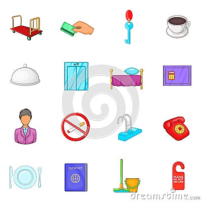 Hotel icons set in cartoon style Vector Illustration