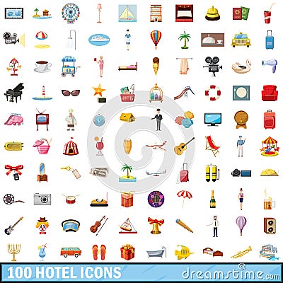 100 hotel icons set, cartoon style Vector Illustration