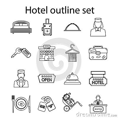 Hotel icons set, outline style Vector Illustration