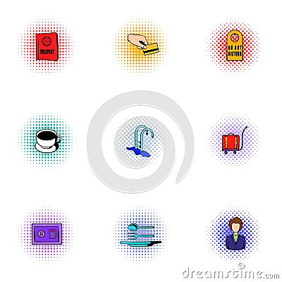 Hotel icons set, pop-art style Vector Illustration