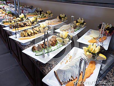 Hotel interior, buffet table, dessert, all inclusive Stock Photo