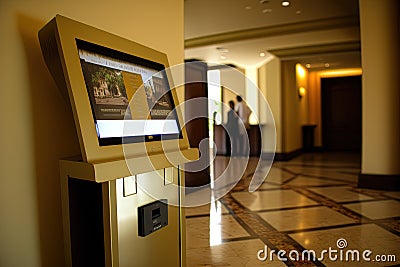 Hotel interior, digital signage, kiosk touch. Generative AI Stock Photo