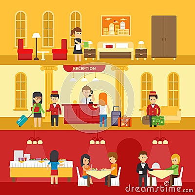 Hotel interior with people and hotel service vector flat illustration. Hotel reception, room, dining room vector design Vector Illustration