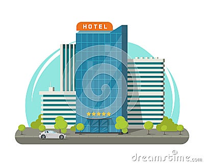 Hotel isolated on city street vector illustration, flat modern skyscraper hotel building near road Vector Illustration