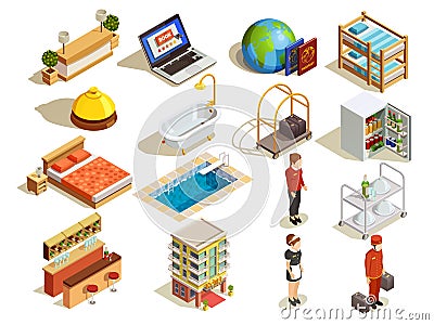 Hotel Isometric Elements Set Vector Illustration