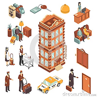 Hotel Isometric Icons Set Vector Illustration