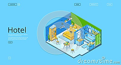 Hotel isometric landing page, accommodation room Vector Illustration