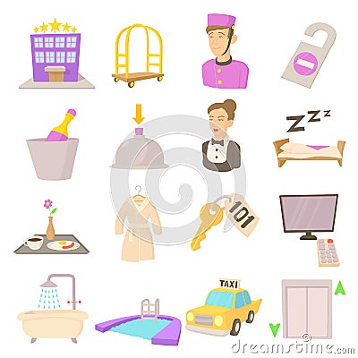 Hotel items set, cartoon style Vector Illustration