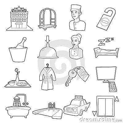 Hotel items set, cartoon style Vector Illustration