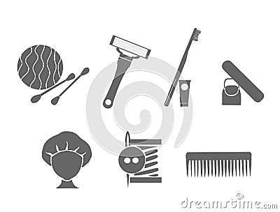 Hotel kit icon. Trendy kit on transparent background. Shower cap, sewing kit, Vanity kit, Tooth kit, Shaving kit Vector Illustration