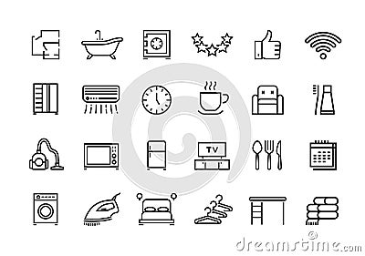 Hotel line icons. Kitchen utensils bathroom with hot water room size WiFi available date and rating. Vector travel Vector Illustration