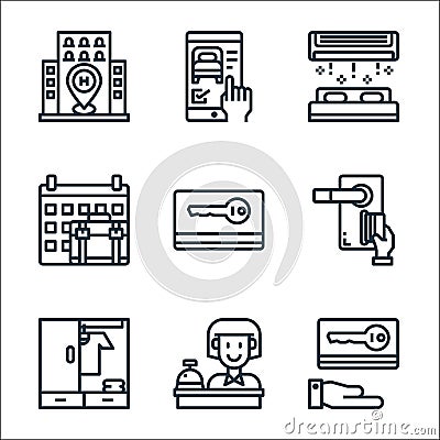 hotel line icons. linear set. quality vector line set such as key card, reception, clothes, keycard, keycard, calendar, air Vector Illustration