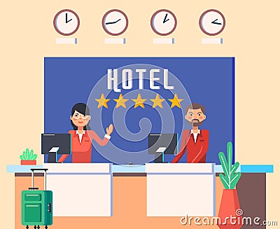 Hotel lobby with man and woman receptionist Vector Illustration