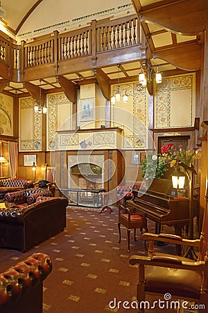 Hotel lobby with vintage piano, chairs and decoration, york, england Editorial Stock Photo