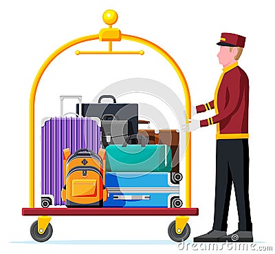 Hotel Luggage Cart Full of Luggage and Bellhop Vector Illustration