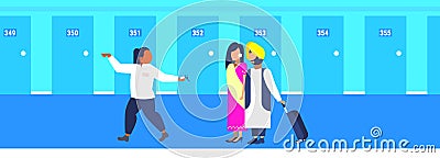 Hotel manager leading indian guests hospitality staff concept receptionist showing room welcoming arriving man woman Vector Illustration