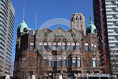Hotel New York at former terminal building of the Holland Amerika Lijn on the wilhelmina harbor in the port of Rotterdam Editorial Stock Photo