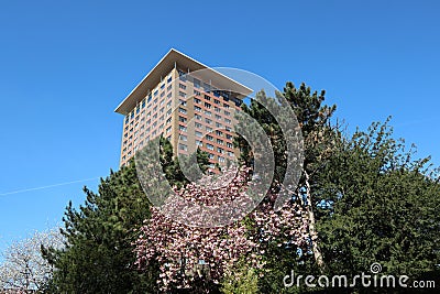 Hotel Okura in Amsterdam with blue sky and trees with blossom in spring Stock Photo