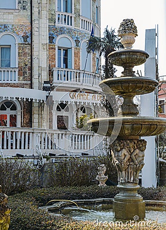 Hotel Palace Hungaria Ausonia with its highly decorative exterior in the heart of the island of Lido Editorial Stock Photo