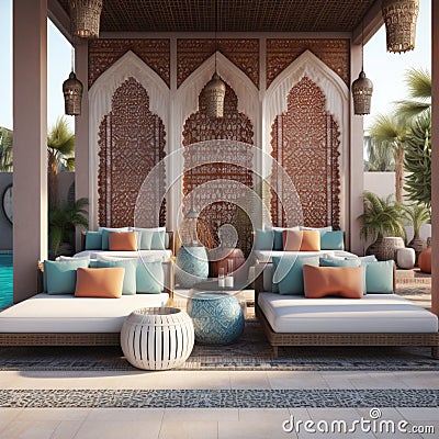 Hotel poolside lounge are with sofa with oriental Arabic ornaments fringed pillows and plaid. Beautiful eastern spa Stock Photo