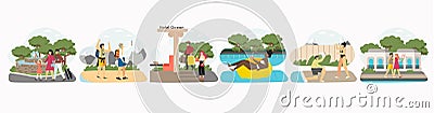 Hotel porter carrying tourist luggage, guests relaxing by swimming pool, going sightseeing. Hospitality industry, vector Vector Illustration