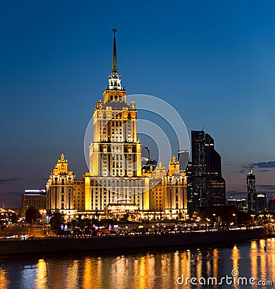 Hotel Radisson Royal and Moscow International Business Center - symbols of Stalin and Putin eras. Editorial Stock Photo
