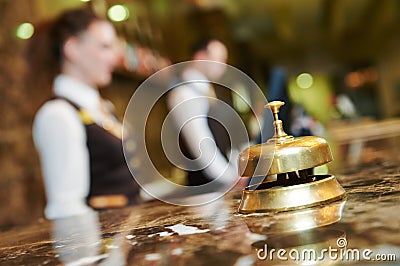 Hotel reception with bell Stock Photo