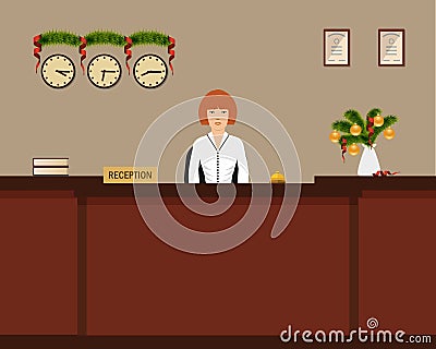 Hotel reception with Christmas decoration Vector Illustration