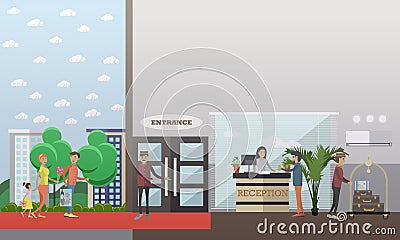 Hotel reception concept vector illustration in flat style Vector Illustration