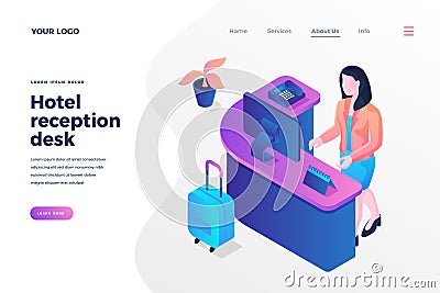 Hotel reception desk isometric landing page template female receptionist checking info Vector Illustration