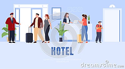 Hotel reception on the first floor. Service staff of the hotel. Have a nice rest on the trip. Vector illustration Vector Illustration