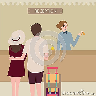 Hotel reception girl couple travel check-in front desk Vector Illustration