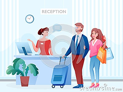 Hotel reception with people, receptionist registration desk Vector Illustration