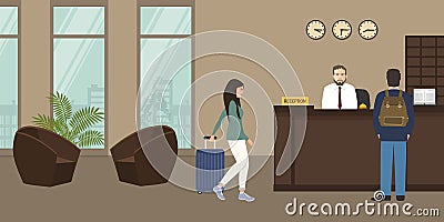 Hotel reception. Receptionist man stands at reception desk Vector Illustration