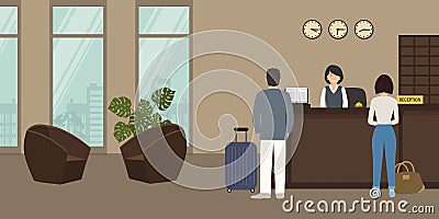 Hotel reception. Receptionist stands at reception desk Vector Illustration