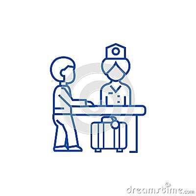 Hotel reception,receptionist at the table line icon concept. Hotel reception,receptionist at the table flat vector Vector Illustration