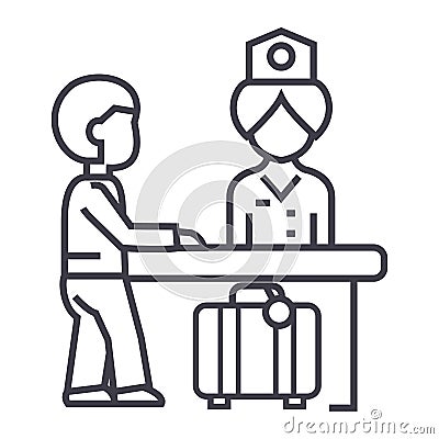 Hotel reception,receptionist at the table vector line icon, sign, illustration on background, editable strokes Vector Illustration