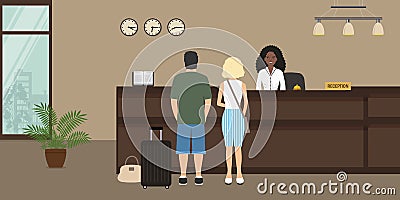 Hotel reception. Receptionist and visitors in hall Vector Illustration