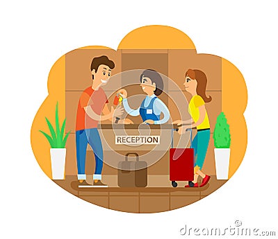 Hotel Reception Receptionists Checking In Tourists Vector Illustration