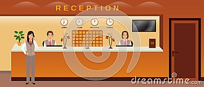 Hotel reception service. Three hotel employees welcome guests. Business office receptionists. Vector Illustration