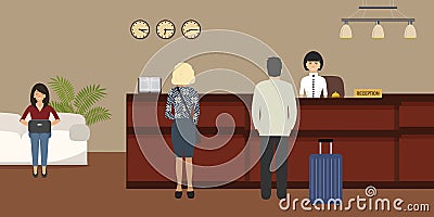 Hotel reception. Young woman receptionist stands at reception desk. Vector Illustration