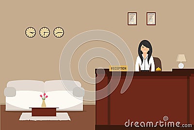 Hotel reception. Young woman receptionist stands at reception desk Vector Illustration