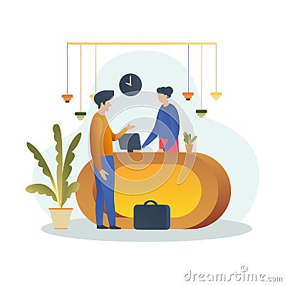 Hotel receptionist and customer conversation, Reception Desk Hotel Receptionist Character illustration Cartoon Illustration