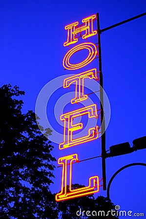 Hotel red light sign at dusk Stock Photo