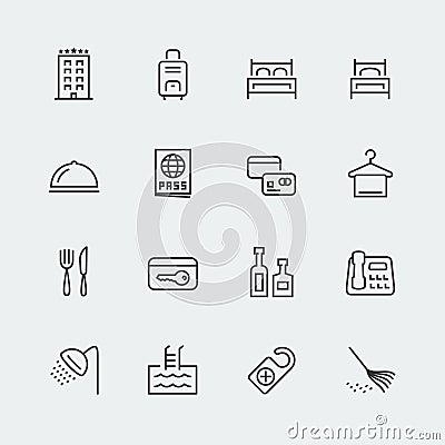 Hotel related icons set, outline style Vector Illustration