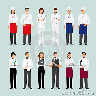 Hotel restaurant male and female team in uniform Group of catering service characters standing together Welcoming banner Vector Illustration