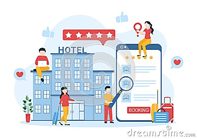 Hotel Review with Rating Service, User Satisfaction to Rated Customer, Product or Experience in Cartoon Hand Drawn Illustration Vector Illustration