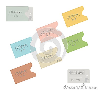 Hotel RFID key card with colored card sleeve holders isolated on white Vector Illustration