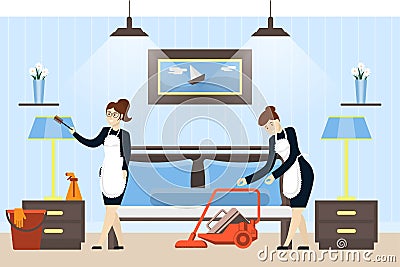 Hotel room cleaning. Vector Illustration