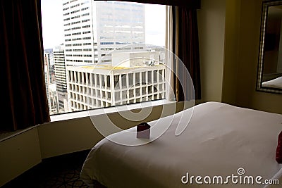 Hotel room with great city views Stock Photo